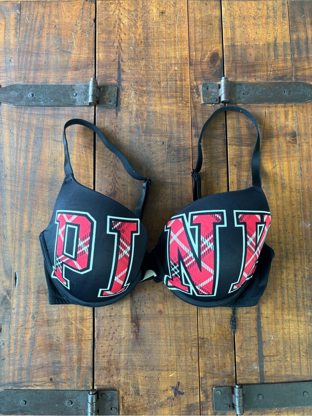PINK Victoria's Secret Black Bra with Red Plaid Logo